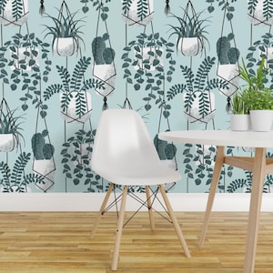 Succulent Wallpaper - Hanging Planter By Taranealart - Pine Green Mint Blu House Plant Removable Self Adhesive Wallpaper Roll by Spoonflower