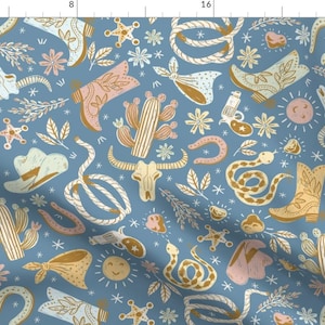 Wild West Fabric - Doodly Cowboy Stuff-Blue By Rebelform - Western Boots Hat Rodeo Skull Cattle Cotton Fabric By The Yard With Spoonflower