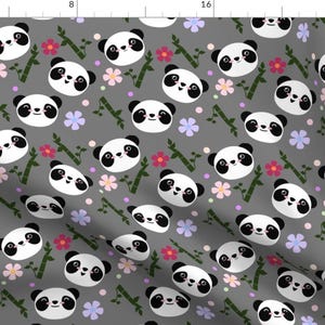 Kawaii Pandas on Gray Fabric - Kawaii Panda Faces In Gray By Lyddiedoodles - Whimsical Panda Cotton Fabric By The Yard With Spoonflower