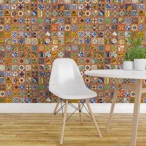 Papel de Parede com Estampa de Azulejos Talavera - Azulejos Mexicanos Talavera da Wren Leyland - Rolo de Papel de Parede Autoadesivo Removível com Estampa Personalizada de Azulejos da Spoonflower