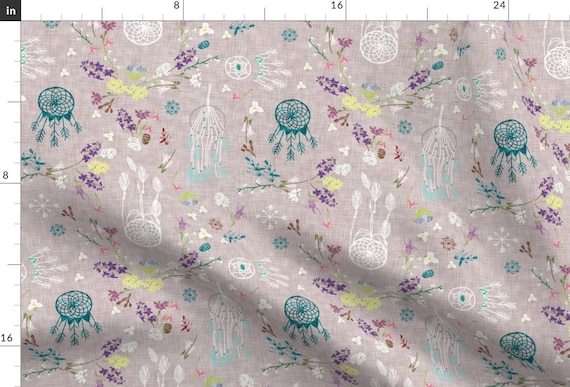 Dream Catchers Fabric - Wildflower Dreams Grey Purple Southwestern Boho By Nouveau Bohemian - Cotton Fabric By The Yard With Spoonflower