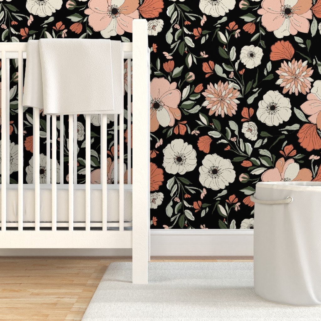 Floral Wallpaper Poppy Peonies Dark by Indybloomdesign - Etsy