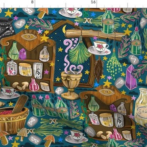 Witch Fabric - The Green Witch&#39;s Kitchen by slumbermonkey - Kitchen Potion Spells Crystal Caldron Teal  Fabric by the Yard by Spoonflower
