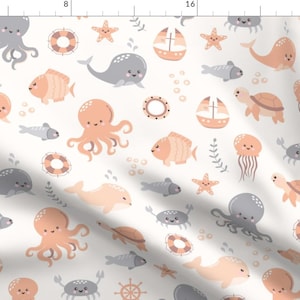 Whimsical Coastal Apparel Fabric - Baby Ocean Animals by trilbyworks - Nautical Coral Orange Gray Clothing Fabric by Spoonflower