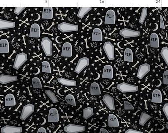 Graveyard Fabric - Halloween Graveyard By Jaymehennel- Headstone Moon Bones Skull RIP Spooky Goth Cotton Fabric By The Yard With Spoonflower