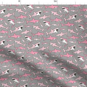 Shark Fabric - Sharks Shark Pink On Gray Smaller By Caja Design - Shark Pink Gray Nautical Ocean Cotton Fabric By The Yard With Spoonflower