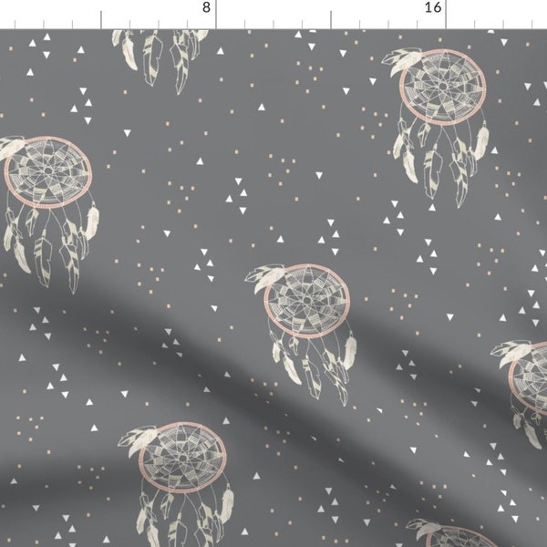 Dreamcatcher Fabric - Sweet Dreams By Papercanoedesign - Gray Southwestern Boho Dream Catcher Cotton Fabric By The Yard With Spoonflower