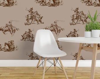 Carta da parati autoadesiva rimovibile stile cowboy western - Rustic Lodge color seppia neutro - Decorazione murale - Stile cowboy toile de Jouy di hansonhomesolutions
