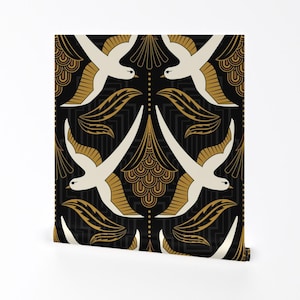 Art Deco Removable Peel and Stick Wallpaper - Leaves Gold Plants 1920s - Wall Art Wall Decor - Cream And Black Birds by portiamonberg