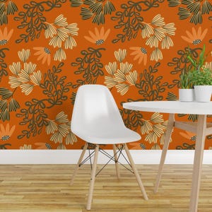 Orange Floral Removable Peel and Stick Wallpaper - Vintage Botanical ...