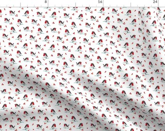 Robin Birds Red Pattern Fabric - Christmas Robin On White (Mini) By Heleen Vd Thillart - Robin Cotton Fabric By The Yard With Spoonflower