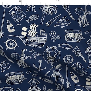 Pirate Navy Blue Nautical Symbols Illustration Fabric - Pirate Play Blue By Dasbrooklyn - Pirate Cotton Fabric By The Yard With Spoonflower