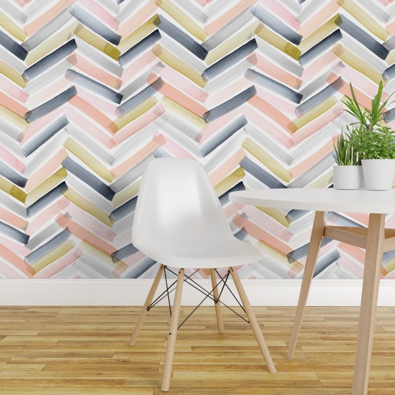 Chevron Wallpaper Blush Navy By Crystal Walen Modern Home Nursery Custom Printed Removable Self Adhesive Wallpaper Roll by Spoonflower image 3