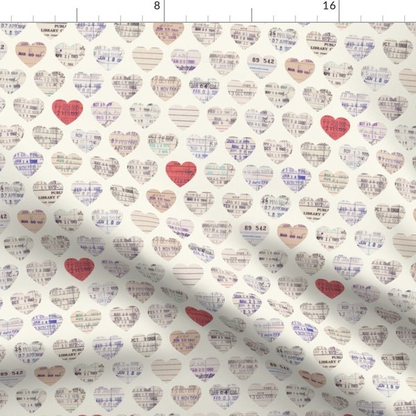 Reading Fabric - Library Love By Lellobird - Reading Love Hearts Library Cards Red Tan White Cotton Fabric By The Yard With Spoonflower