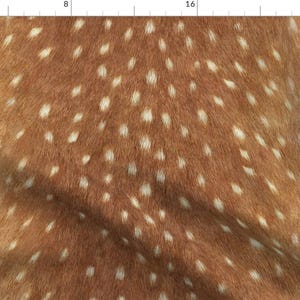 May include: Close-up of a brown and white spotted deer hide. The hide has a soft, fuzzy texture and is a natural pattern.