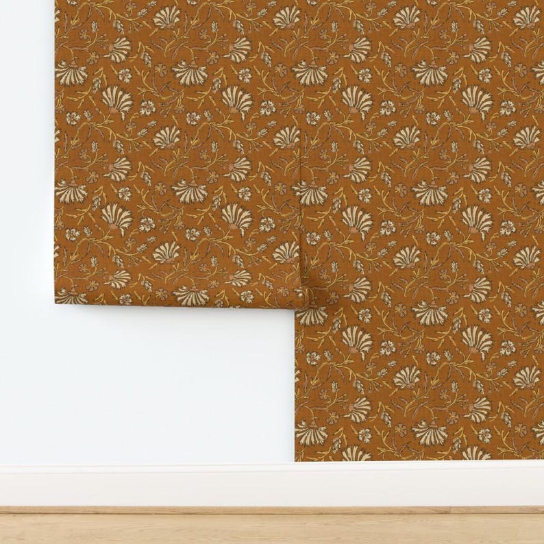 Floral Wallpaper - Kalami Floral Mustard By Holli Zollinger - Linen Look Custom Printed Removable Adhesive Wallpaper Roll by Spoonflower image 4