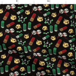 May include: A black background with a repeating pattern of green, red, and gold holiday-themed objects. The objects include shotgun shells, bells, and sprigs of mistletoe.