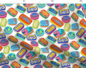 Colorful Food Fabric - Sardine Cans Medium by nadinewestcott - Blue Orange Green Pink Fish Sardines Fabric by the Yard by Spoonflower