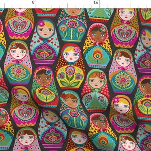 Matryoshka Doll Fabric - Irina And Friends By Groovity - Matryoshka Doll Russian Nesting Black Cotton Fabric By The Yard With Spoonflower