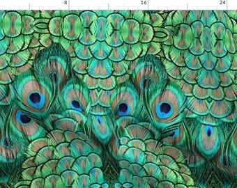 Peacock Fabric - Peacock - 3 Large By Glimmericks - Peacock Feather Emerald Green Bird Upholstery Cotton Fabric By The Yard With Spoonflower