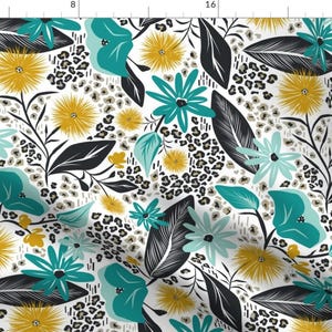 May include: A white background with a repeating pattern of teal blue and yellow flowers, black leaves, and grey and black leopard print spots.