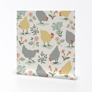 French Country Wallpaper - Hens And Wildflowers by thatpolymath_shellym - Chickens Pastel  Removable Peel and Stick Wallpaper by Spoonflower