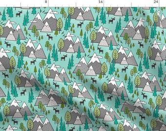 Mountains Fabric - Mountains Forest Woodland Trees Moose On Mint Green By Caja Design Adventure - Cotton Fabric By The Yard With Spoonflower