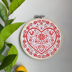 Scandinavian Embroidery Template on Cotton - Folk Art By Olgart - Hearts Birds Embroidery Pattern for 6" Hoop Custom Printed by Spoonflower