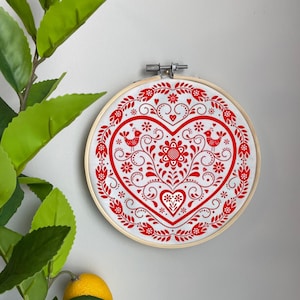 Scandinavian Embroidery Template on Cotton - Folk Art By Olgart - Hearts Birds Embroidery Pattern for 6&quot; Hoop Custom Printed by Spoonflower