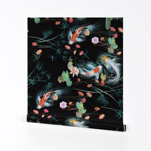 « Papier peint amovible autocollant noir Koi - Fleurs japonaises à grande échelle - Art mural - Décoration murale - Koi japonais » par Designed_by_debby