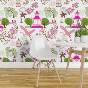 Pagoda Wallpaper - Peaceful Garden By Ruby Ritz - Pink Green Japanese Ginger Jar Cute Removable Self Adhesive Wallpaper Roll by Spoonflower