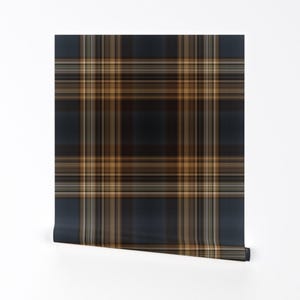 Carta da parati rimovibile con motivo tartan blu-marrone - Tradizionale rustico inglese - Decorazione murale - Plaid a righe sottili di northern_whimsy