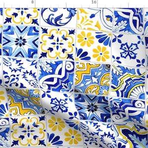 Spanish Tile Fabric - Detailed Azulejos by ilonitta - Cobalt Blue Mediterranean Mosaic Azulejos Talavera Fabric by the Yard by Spoonflower