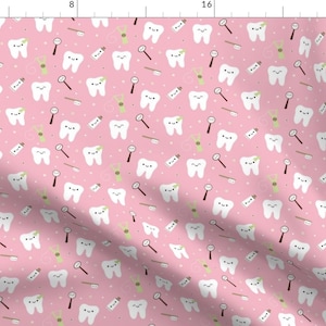 Dental Fabric - Happy Teeth Friends - Light Piink By Clayvision - Dental Teeth Toothbrush Floss Cotton Fabric By The Yard With Spoonflower