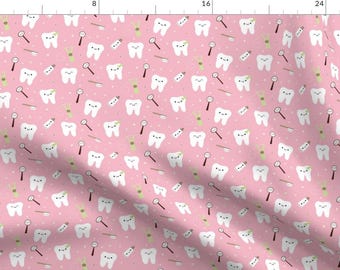 Dental Fabric - Happy Teeth Friends - Light Piink By Clayvision - Dental Teeth Toothbrush Floss Cotton Fabric By The Yard With Spoonflower