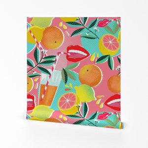 Pop Art Wallpaper - Citrus Pop Pink By Miraparadies - Orange Pop Art Custom Printed Removable Self Adhesive Wallpaper Roll by Spoonflower