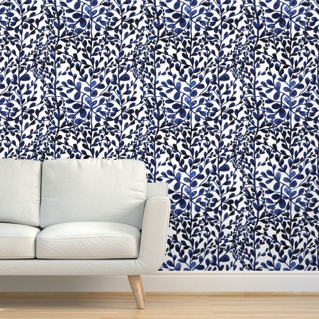 Botanical Wallpaper Navy Floral Leaves by Marjolein in - Etsy