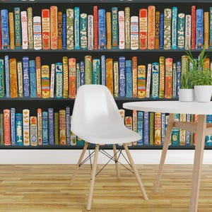 Carta da parati adesiva con libri - Fiabe e letteratura per la biblioteca - Decorazione murale rimovibile - Libreria per bambini, colore nero, di taranealart