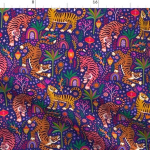Tiger Fabric - Good Luck Tiger By Janetbroxon - Tiger Purple Ditsy Jungle Rainbows Chinese Floral Cotton Fabric By The Yard With Spoonflower