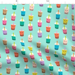 May include: A seamless pattern featuring a repeating design of colorful cartoon bubble tea cups with smiling faces on a turquoise background.