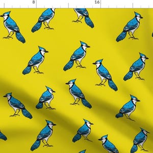 May include: A seamless pattern featuring blue jays on a yellow background. The birds are facing different directions and are in various positions. The pattern is perfect for fabric, wallpaper, or other decorative projects.