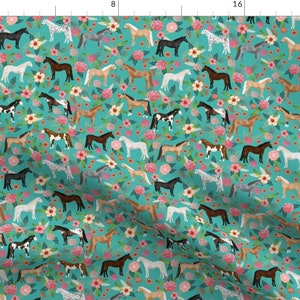 Pretty Horses Fabric - Horse Multi Coat Floral Fabric Turq By Petfriendly - Equestrian Pony Rose Cotton Fabric By The Yard With Spoonflower