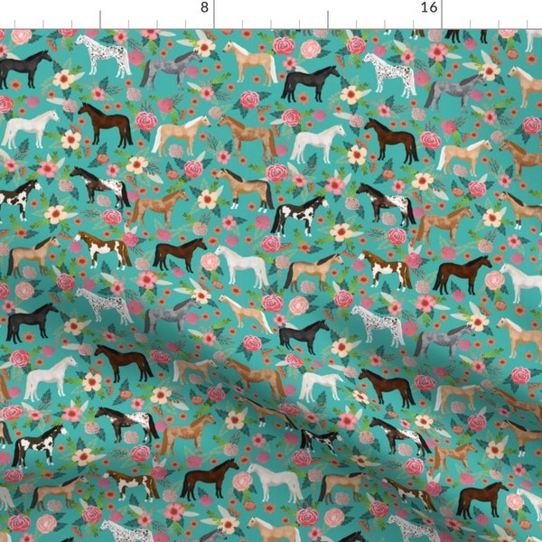 Pretty Horses Fabric - Horse Multi Coat Floral Fabric Turq By Petfriendly - Equestrian Pony Rose Cotton Fabric By The Yard With Spoonflower