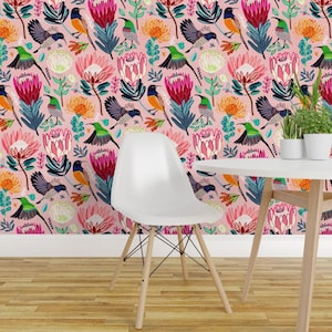 Australian Birds Peel and Stick Wallpaper - Pollinators Humming Birds Pink - Removable Wall Decor Art - Sunbirds & Proteas Large by tigatiga