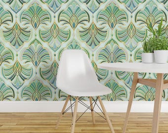 Art Deco Wallpaper - Jade Enamel Art Deco Fans By Micklyn - Green Blue Yellow 1920s Removable Self Adhesive Wallpaper Roll by Spoonflower