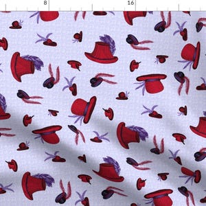 Feathers Fabric - A Windy Day At The Races - Scarlet Hats On Misty Mauve. By Rhondadesigns - Hats Cotton Fabric By The Yard With Spoonflower