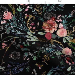 Botanical Fabric - Fable Floral by nouveau_bohemian - Distressed Boho Floral Black And Pink Wildflowers Fabric by the Yard by Spoonflower