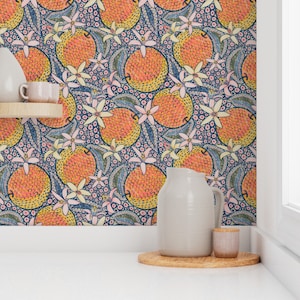 Orange Wallpaper - African Oranges By Helenpdesigns - Fruit Floral Kitchen Printed Removable Self Adhesive Wallpaper Roll by Spoonflower