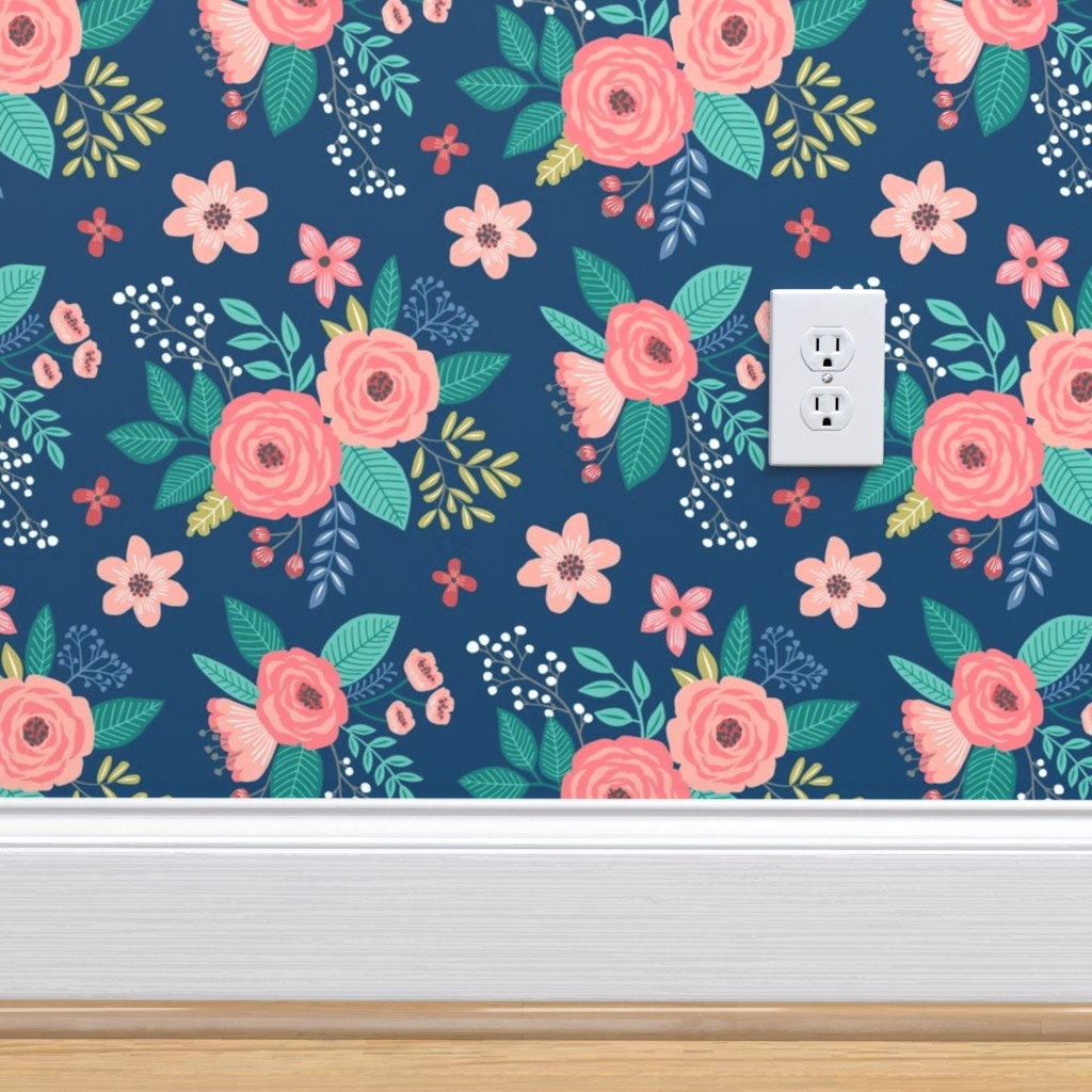 Floral Wallpaper Floral Flowers on Navy Blue by Caja Design | Etsy