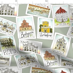 Postcard Travel European Fabric - Cartoline By Swoldham - Postcard Worldly Stamos Retro Cotton Fabric By The Yard With Spoonflower